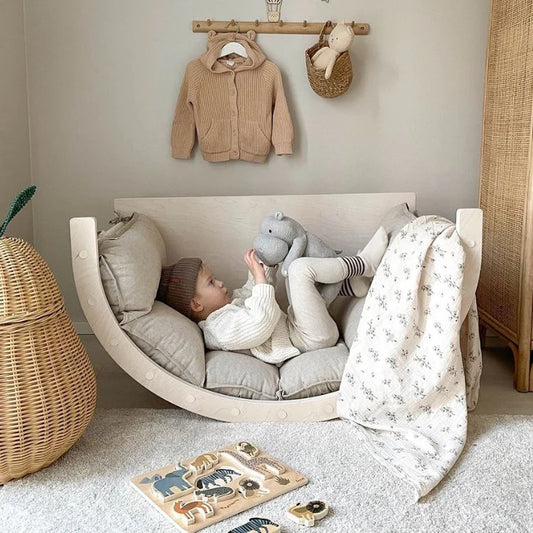 Multifunktionale Montessori-Kletterbogen Naturholz mit XXL-Kissen